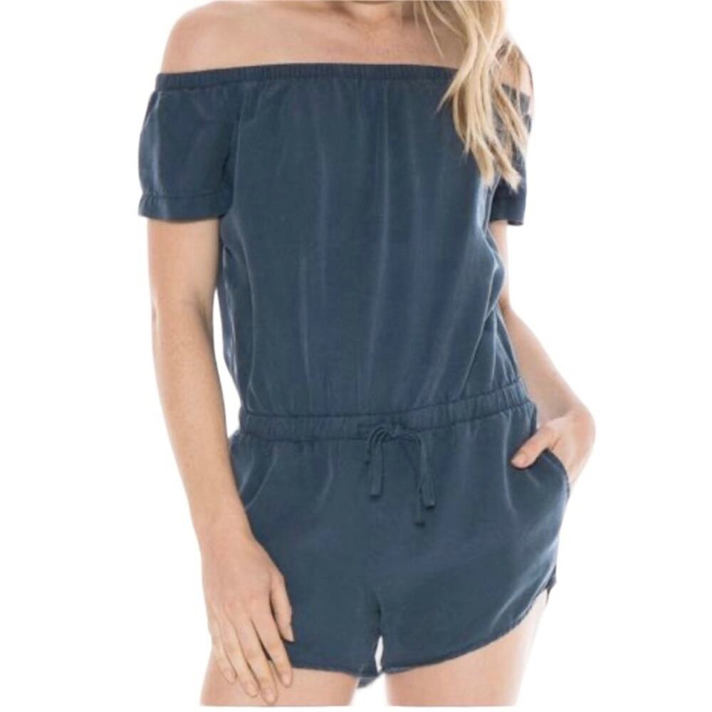 BELLA DAHL Blue Off Shoulder Drawstring Romper Size XS Pocketed Tie Waist Casual
